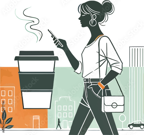 Woman with coffee and phone walking in city with buildings