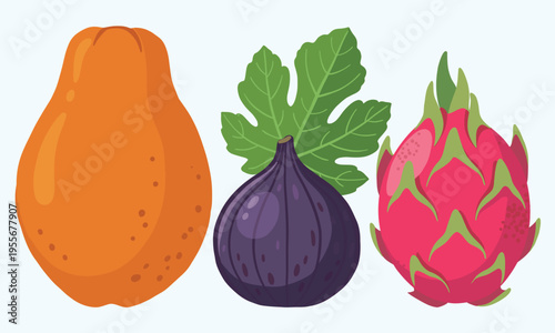 Collection of whole tropical fruits papaya purple fig and pink dragon fruit