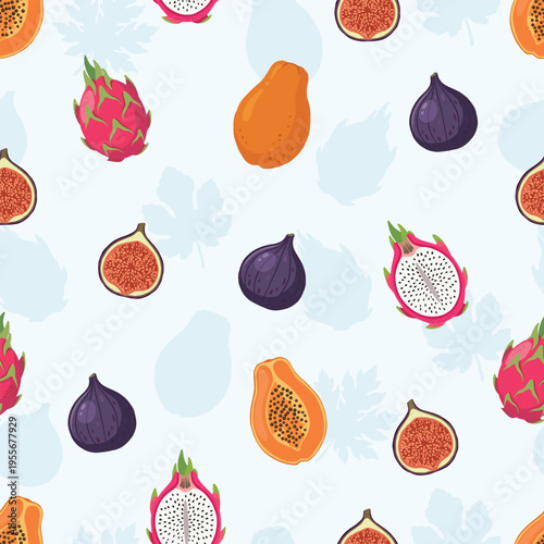 Seamless pattern with tropical fruits papaya dragon fruit and figs on white background
