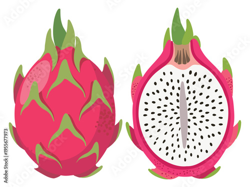 Whole and cut pink dragon fruit pitaya with white flesh and black seeds