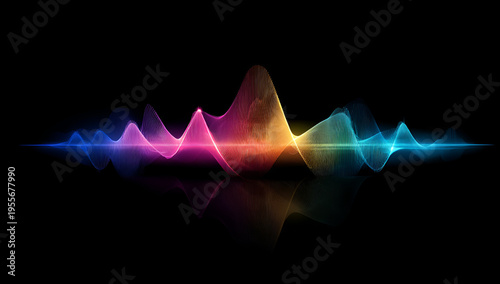 A vibrant sound wave crests and troughs, a spectrum of color against a dark backdrop. A subtle mirrored reflection lies below