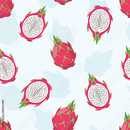 Seamless pattern with pink dragon fruit pitaya and shadows on white