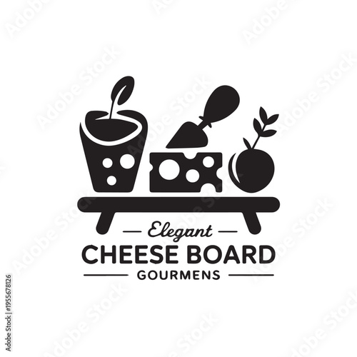Elegant cheese board vector logo illustration with cheese knife grapes and apple for gourmet food business