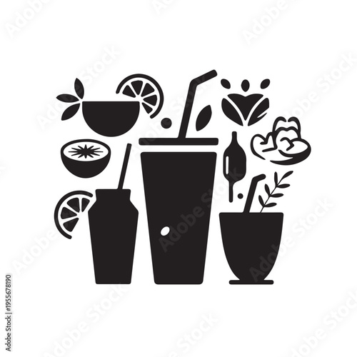 Healthy drinks vector illustration with fresh fruits and mint leaves for refreshing beverages and smoothies