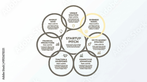 Modern startup pitch infographic template with clean minimalist design featuring interconnected circular elements and a rainbow color