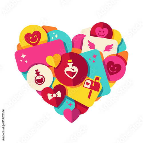 Playful Love Icon Collage Shaped as a Bright Valentine Heart