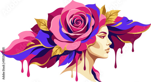 Surreal Rose Woman Profile with Flowing Petals and Dripping Paint
