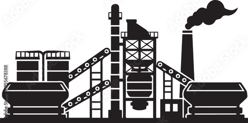Industrial factory with smoking chimney and conveyor belt