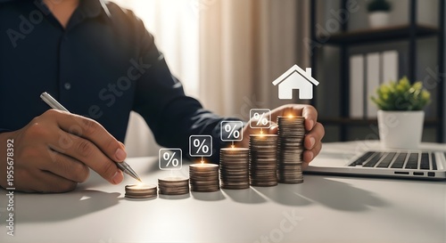Financial Growth Savings Investment Concept with Coins Stack and House Icon