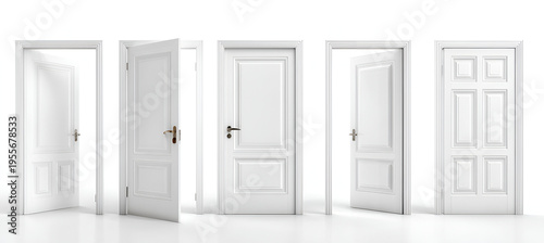 Five pristine, white interior doors against a bright backdrop are shown. Some doors are ajar, revealing light. Others are fully closed