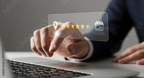 Customer Review Rating Feedback Concept with Hand Using Laptop