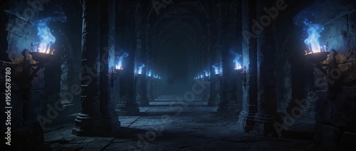 Mysterious dungeon corridor with gothic archway and ancient stone pillar, blue flame torch fire and smoke, dark fantasy medieval hallway tunnel, dramatic lighting fog filled underground stone ruin