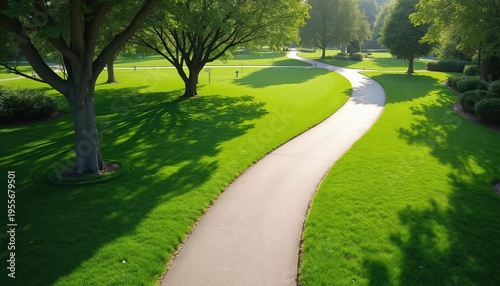 Curving asphalt path through sunlit green park. Lush grass surrounds tall trees casting shadows. Peaceful nature scene invites walks and outdoor activity. Well maintained public garden.