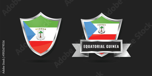 Professional glossy silver shield and banner emblem featuring the flag of Equatorial Guinea, ideal for African political and national identity graphics.