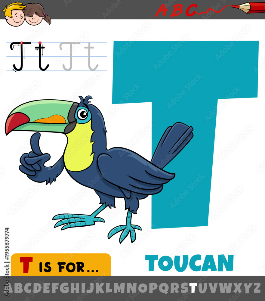 Fototapeta premium letter T from alphabet with cartoon toucan bird animal character
