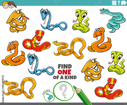 one of a kind puzzle activity with funny cartoon snakes animals