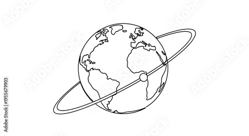 Stylized Globe with Orbit Ring, World Map Outline, Global Network Concept