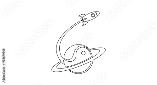 Rocket Launching from Planet with Rings, Space Exploration, Minimalist Line Art