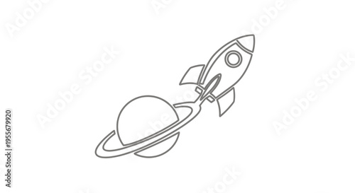 Rocket Ship Launching Past Saturn Planet with Rings - Outline Icon
