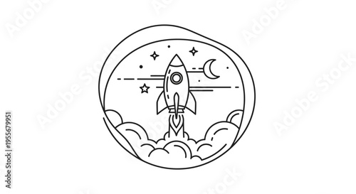 Rocket Launching into Space, Outline Art, Stars, Moon and Clouds