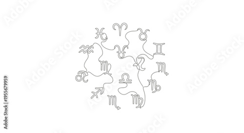 Zodiac Astrology Symbols Circle Line Art - Horoscope Constellations