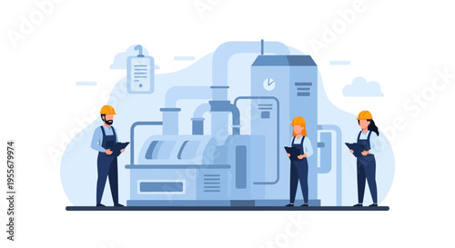 Industrial Workers Team Inspecting Factory Machinery - Engineering, Maintenance & Production Management