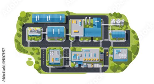 Industrial Park and Factory Complex Top View. Flat Design Vector Illustration of Manufacturing, Warehouse & Business District Layout