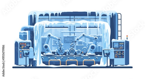 Frozen Industrial Factory with Robotic Arms & Workers. Automated Production Line in Extreme Cold, Winter Shutdown, or Cold Chain Manufacturing.