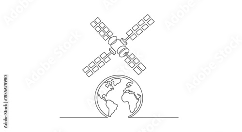 Satellite orbiting Earth, minimalist line art illustration, space technology concept