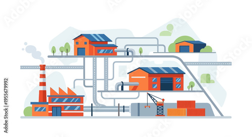Industrial Logistics Network Illustration with Factory, Warehouses, Shipping Containers, and Roads. Global Supply Chain and Distribution Concept.
