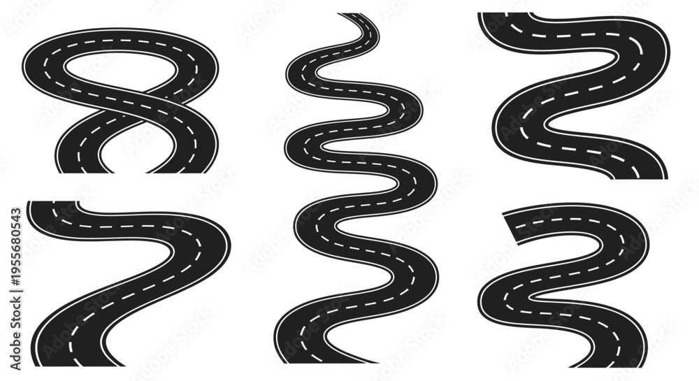 Fototapeta premium Collection of six winding asphalt road segments with dashed white lines, illustrating various curved paths and turns from a top-down view.