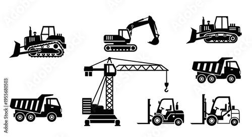 Collection of black silhouette icons depicting various heavy construction and industrial machinery, including bulldozers, excavators, dump trucks, a crane, and forklifts.