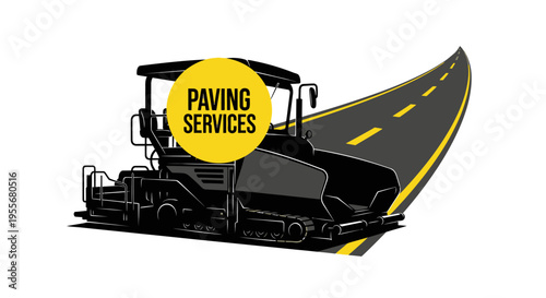 Graphic illustration of a black asphalt paver machine with 'PAVING SERVICES' text on a yellow circle, set against a curving road with yellow lines, depicting road construction and maintenance.