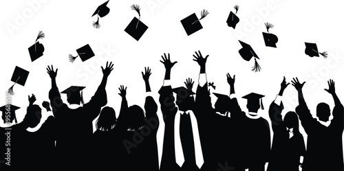 Graduation crowd silhouettes throwing caps in the air to celebrate academic success and university commencement ceremony with students in gowns at college convocation vector