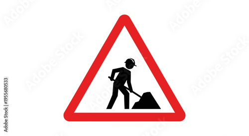 A red triangular warning sign with a black silhouette of a man digging with a shovel, indicating road work ahead.