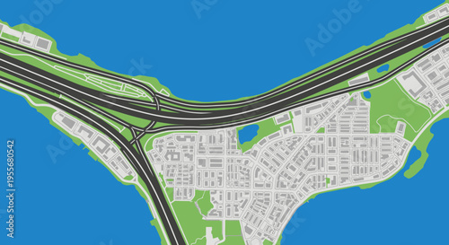 Aerial view illustration of a complex highway interchange with multiple lanes and ramps, connecting urban areas and crossing a body of water.