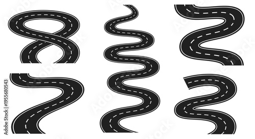 Collection of six winding asphalt road segments with dashed white lines, illustrating various curved paths and turns from a top-down view.