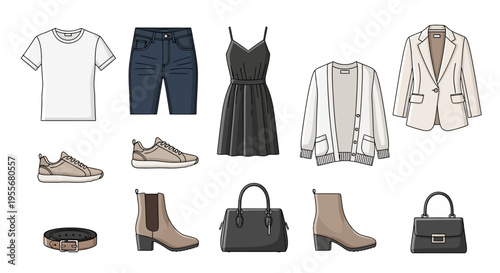 Fashion clothing and accessories on display.