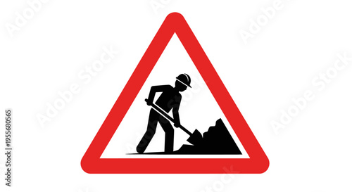 Red triangular warning sign with a black silhouette of a construction worker digging with a shovel, indicating road works ahead.