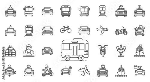A comprehensive collection of line art icons depicting various modes of transportation including cars, buses, trains, bicycles, airplanes, motorcycles, and ships.