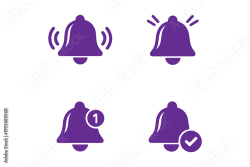 Notification alert bell icons in red square and circle backgrounds for mobile app reminders incoming messages and alarms,