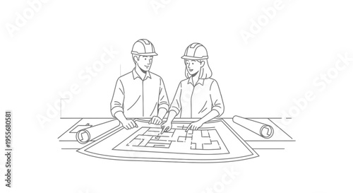 Male and Female Architects or Engineers Reviewing Blueprints Together in Bright Studio, Line Art.
