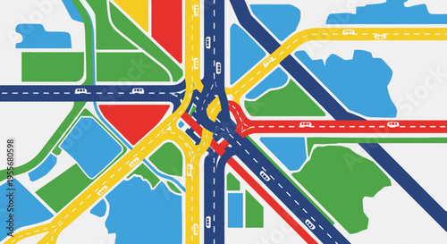 Colorful abstract map with intersecting roads and geographical areas on isolated white background