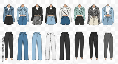 Collection of various pants and tops.
