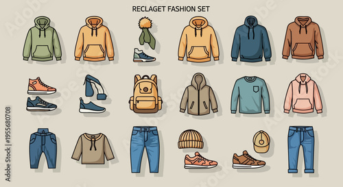 Fashion clothing and accessories set.