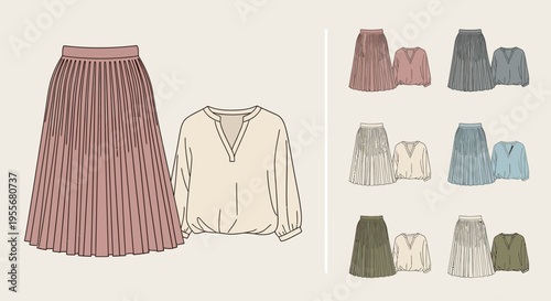 Fashionable pleated skirt and tops.