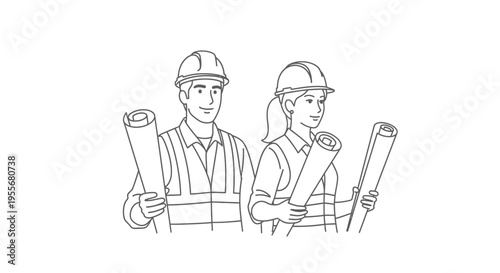 Confident Male and Female Architects Holding Blueprints in Hard Hats, Isolated White Background