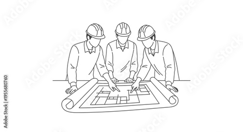 Three Male Architects Discussing Blueprint on Table in Professional Setting, Isolated White Background
