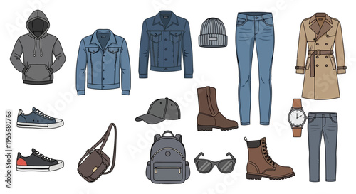 Collection of mens clothing and accessories.