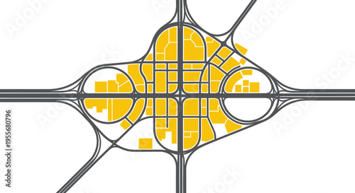 Abstract Top View City Map with Complex Road Interchange and Yellow Urban Blocks on Isolated White Background